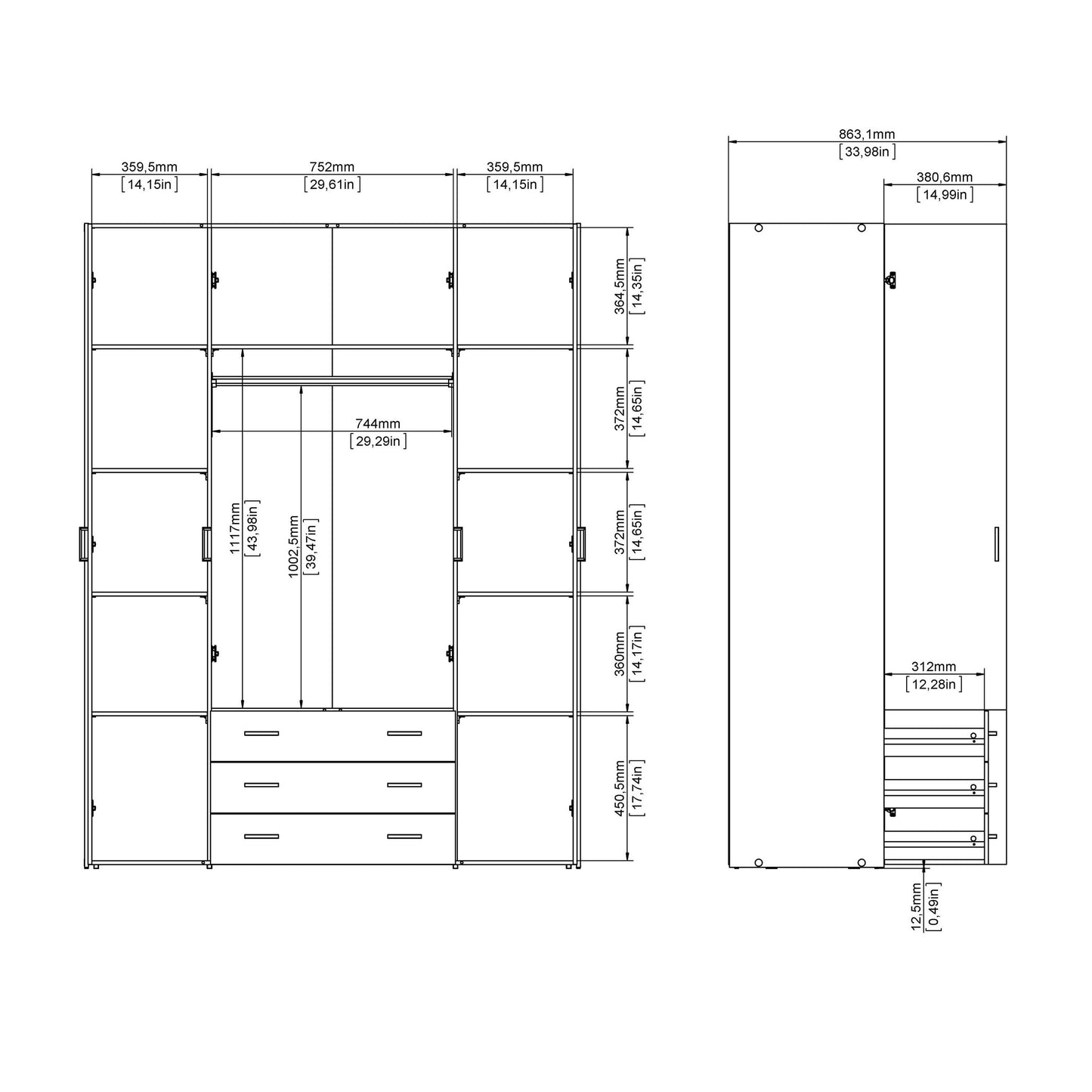Munich White Wooden Wardrobe 4 Doors 3 Drawers 3 Shelves