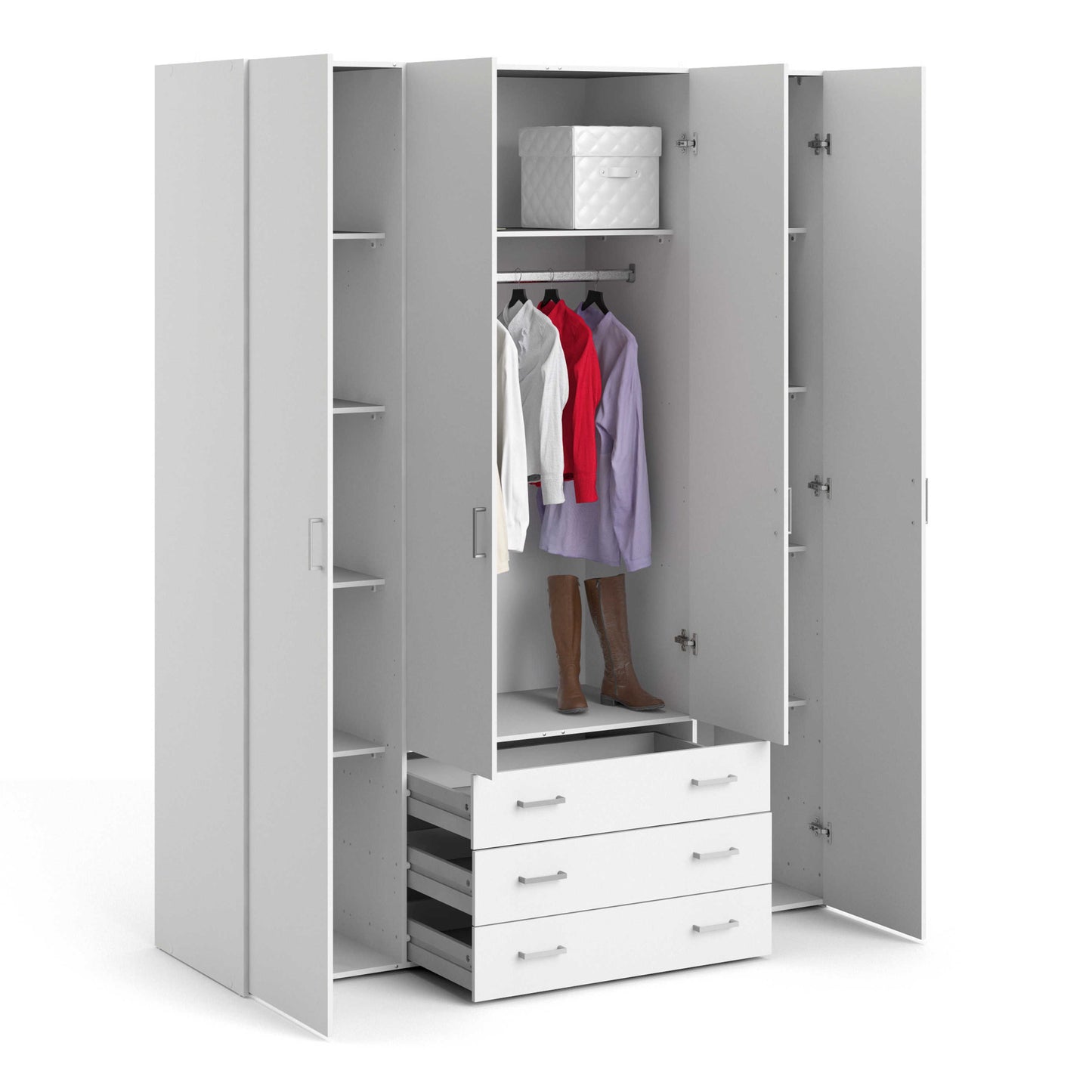 Munich White Wooden Wardrobe 4 Doors 3 Drawers 3 Shelves