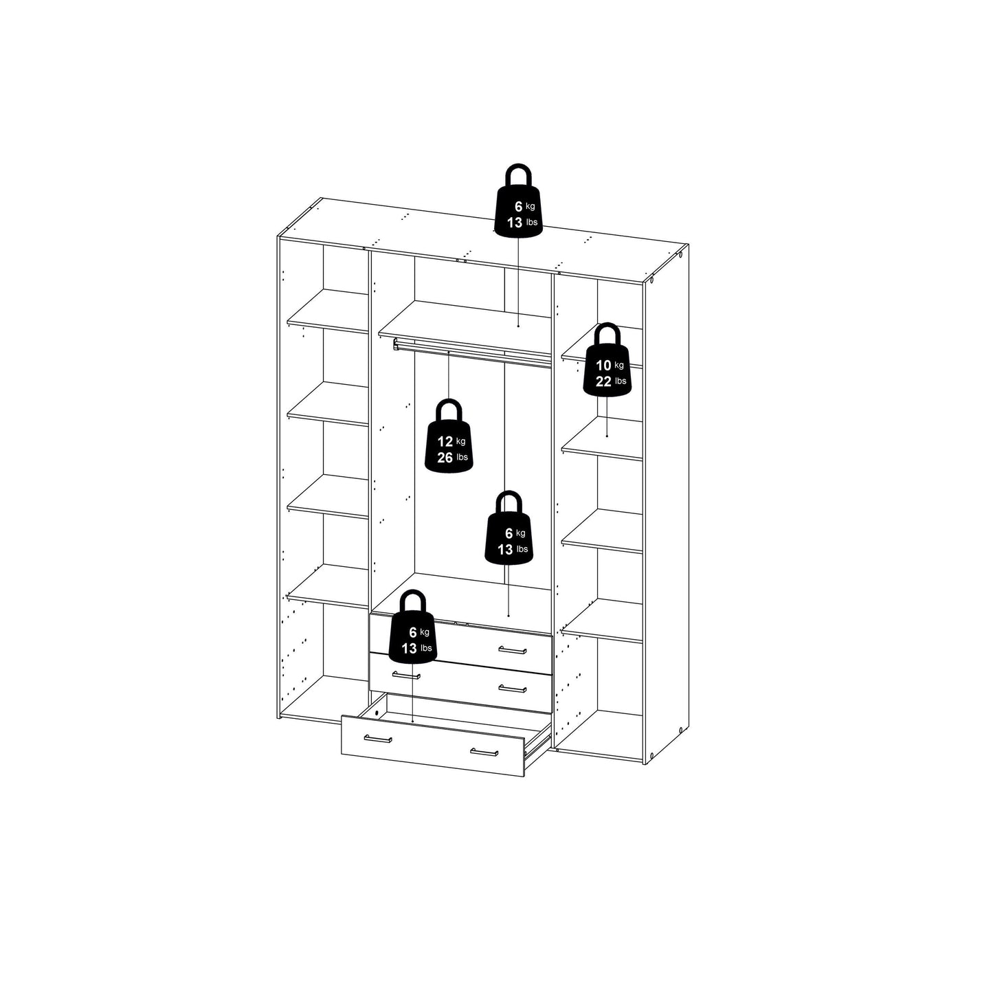 Berlin Oak Effect Wardrobe 4 Doors 3 Drawers 4 Shelves