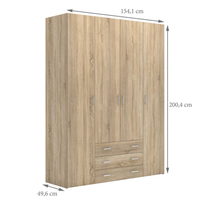 Berlin Oak Effect Wardrobe 4 Doors 3 Drawers 4 Shelves