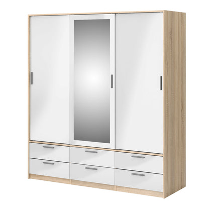 Skjern Skjern White and Natural Oak Wood Wardrobe 3 Doors 6 Drawers