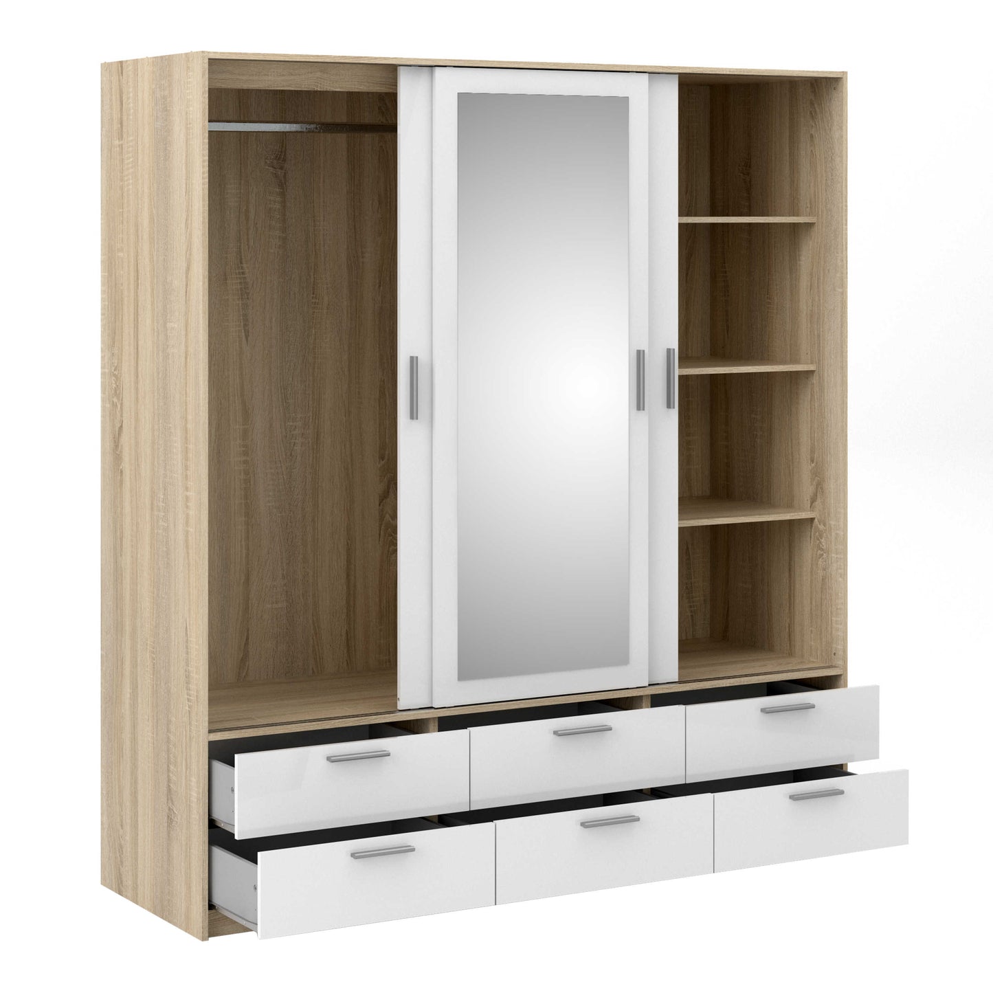 Skjern Skjern White and Natural Oak Wood Wardrobe 3 Doors 6 Drawers