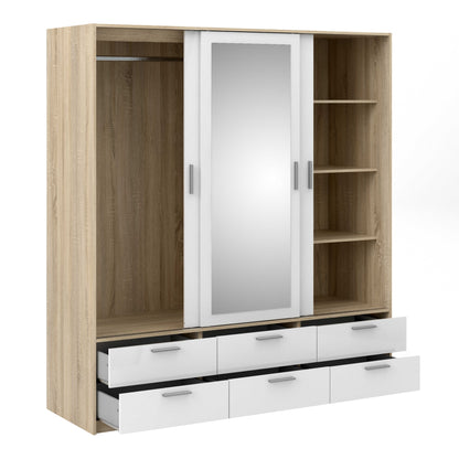 Skjern Skjern White and Natural Oak Wood Wardrobe 3 Doors 6 Drawers