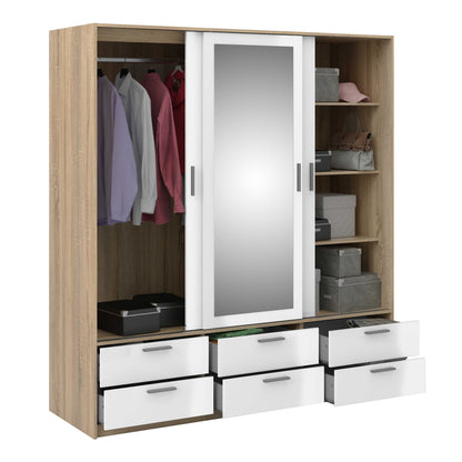 Skjern Skjern White and Natural Oak Wood Wardrobe 3 Doors 6 Drawers