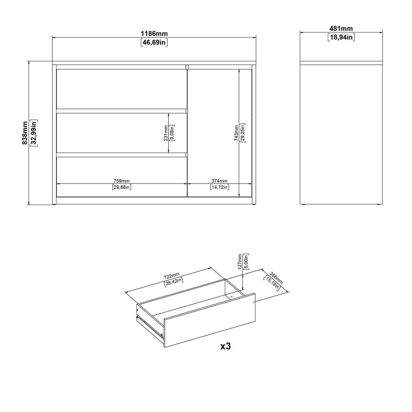 Salzburg White Wooden Sideboard 1 Door 3 Drawers