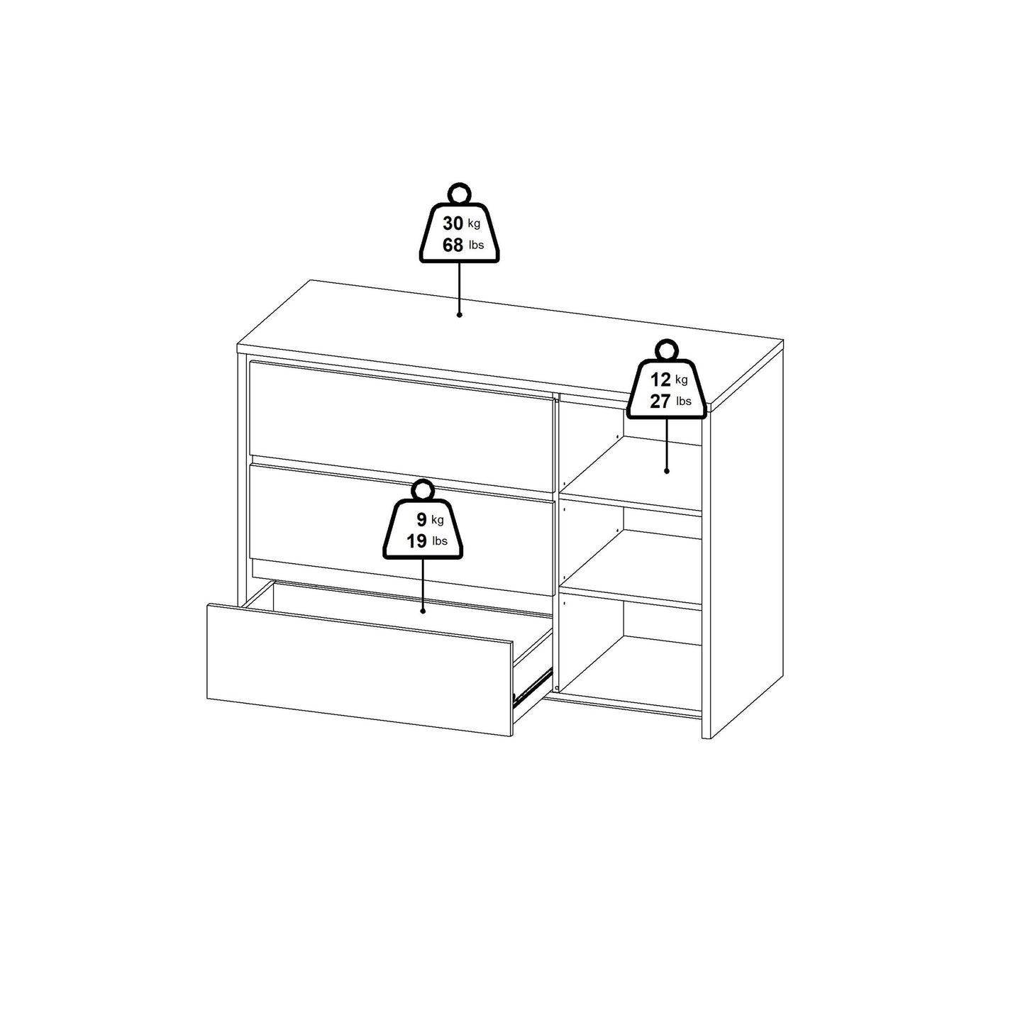 Salzburg White and Natural Oak Effect Sideboard 1 Door 3 Drawers