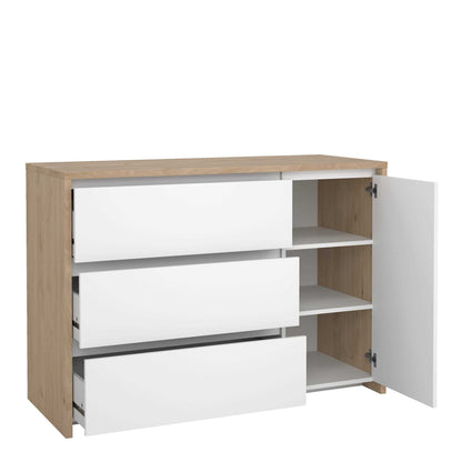 Salzburg White and Natural Oak Effect Sideboard 1 Door 3 Drawers