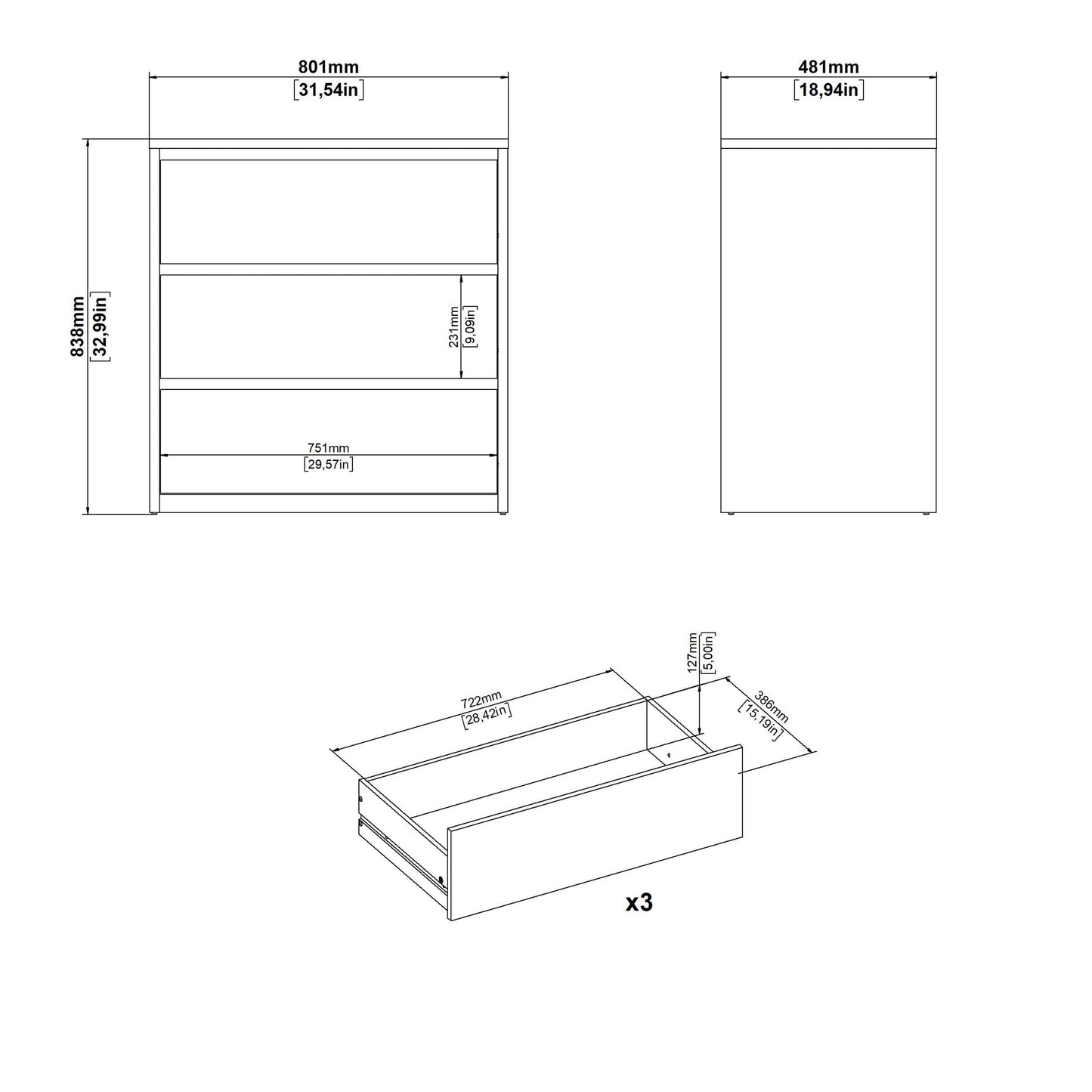 Salzburg White and Natural Oak Effect Wood Chest 3 Drawers