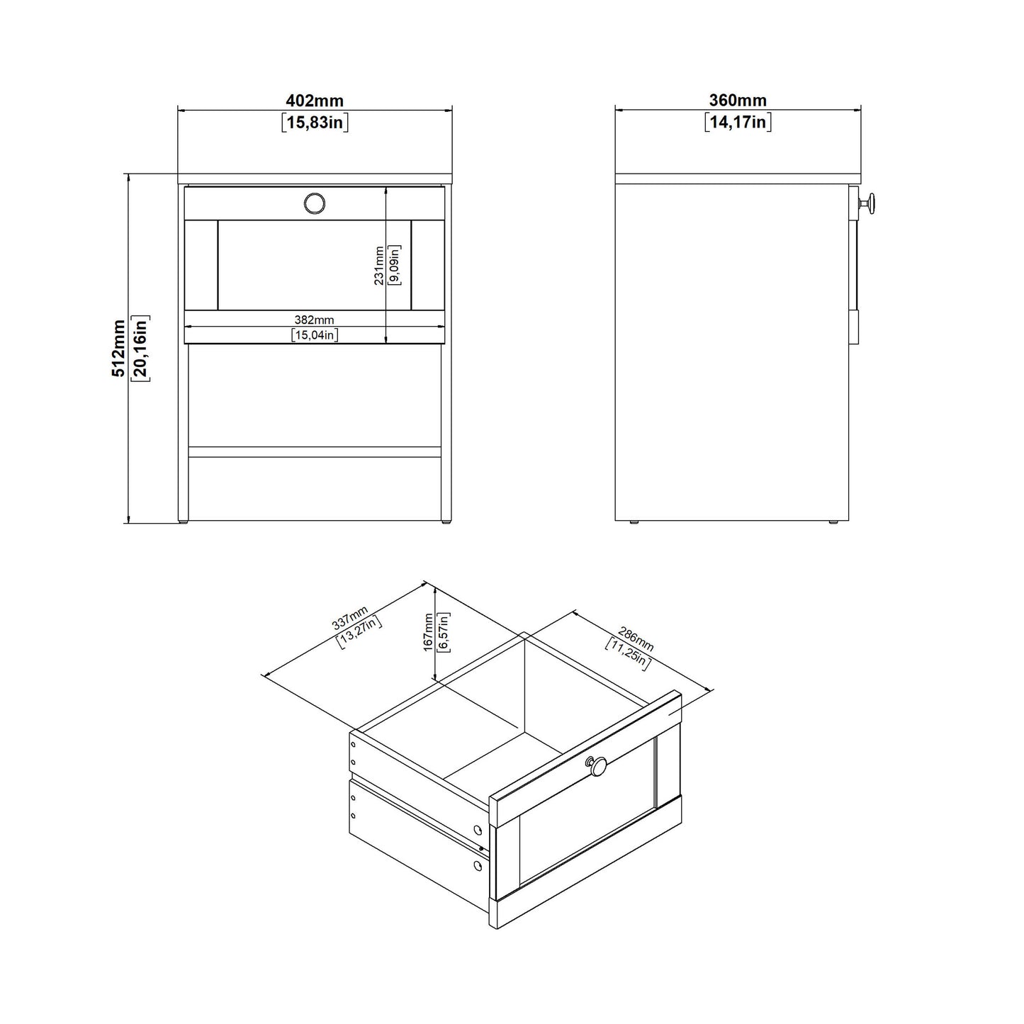 Cherryfern White Wood Bedside Table 1 Frame Drawer 1 Open Shelf