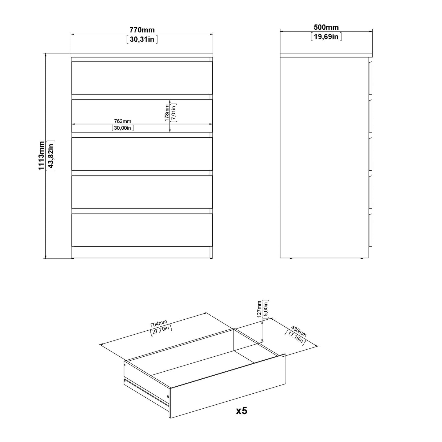 Budapest Cream and Natural Oak Effect Wood Chest 5 Drawers