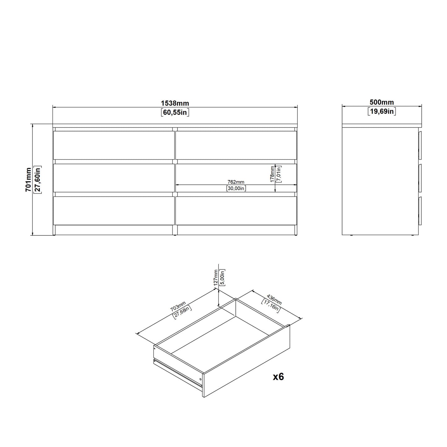 Budapest Cream and Natural Oak Effect Wide Chest 6 Drawers
