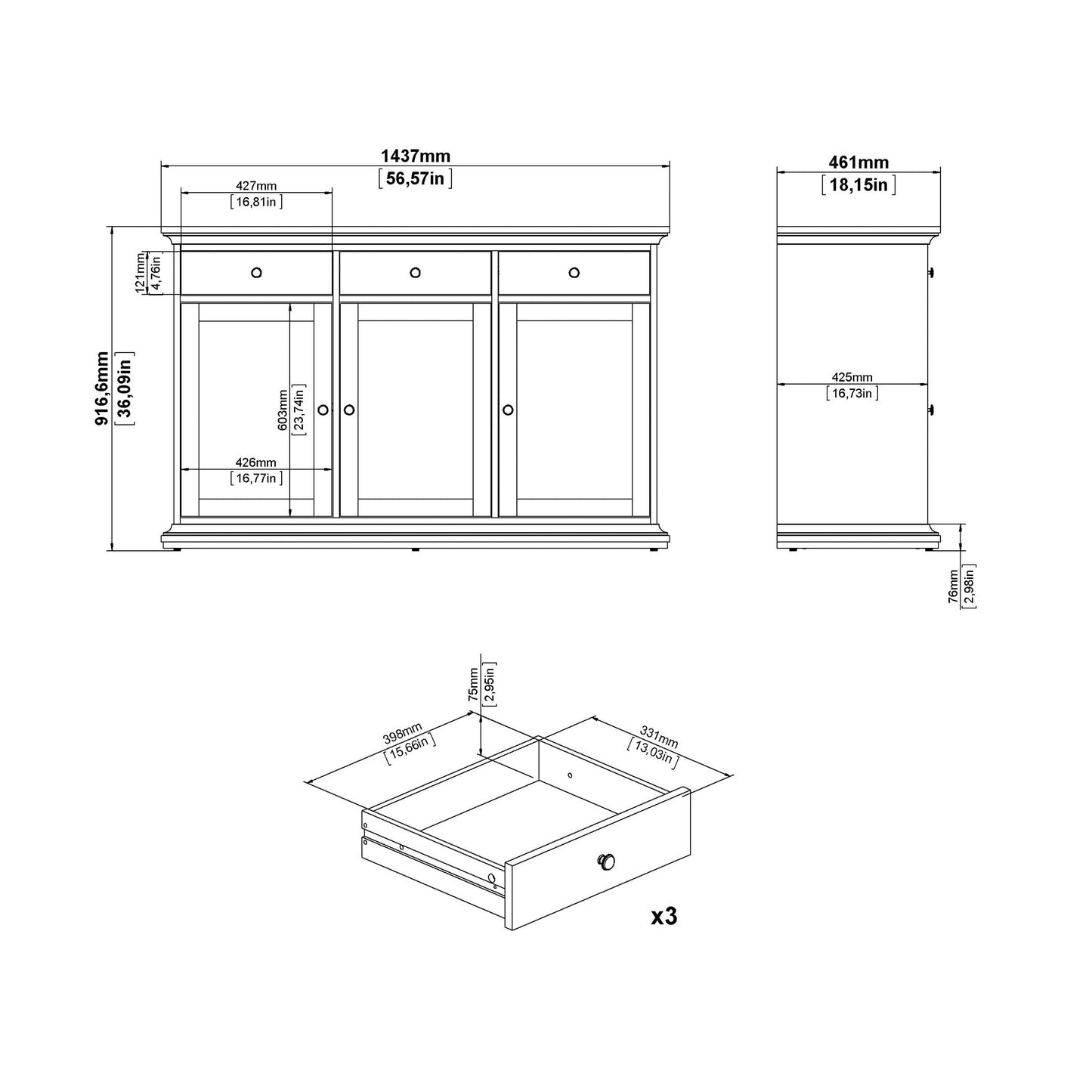 Osaka Farmhouse White Wooden Sideboard 3 Doors 3 Drawers