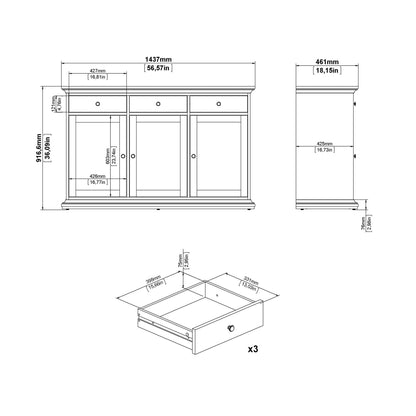 Osaka Farmhouse White Wooden Sideboard 3 Doors 3 Drawers