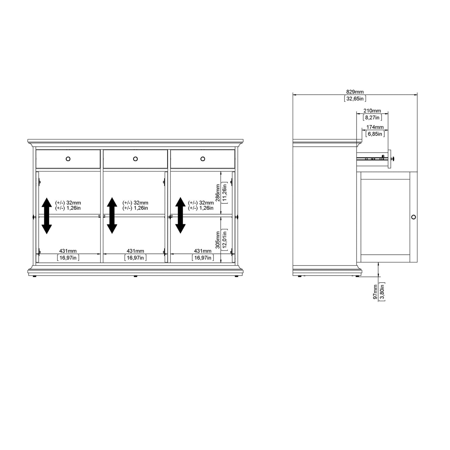 Osaka Farmhouse Dark Grey Wooden Sideboard 3 Doors 3 Drawers