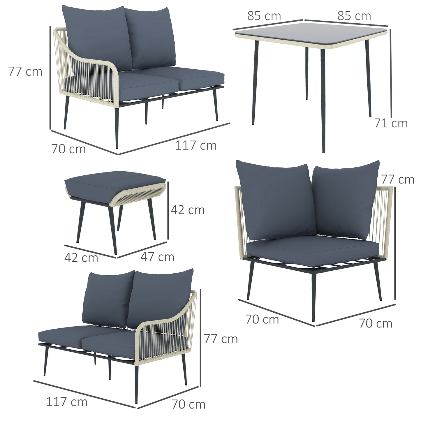 Vika Natural Rattan Grey 7 Seater Garden Sofa Set with Coffee Table and 2 Stools