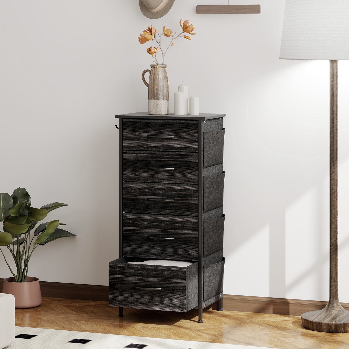 Koratti Fabric And Metal Black 5 Drawer Storage Chest