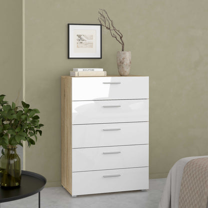 Daejeon White and Natural Oak Effect Wood Chest 5 Drawers