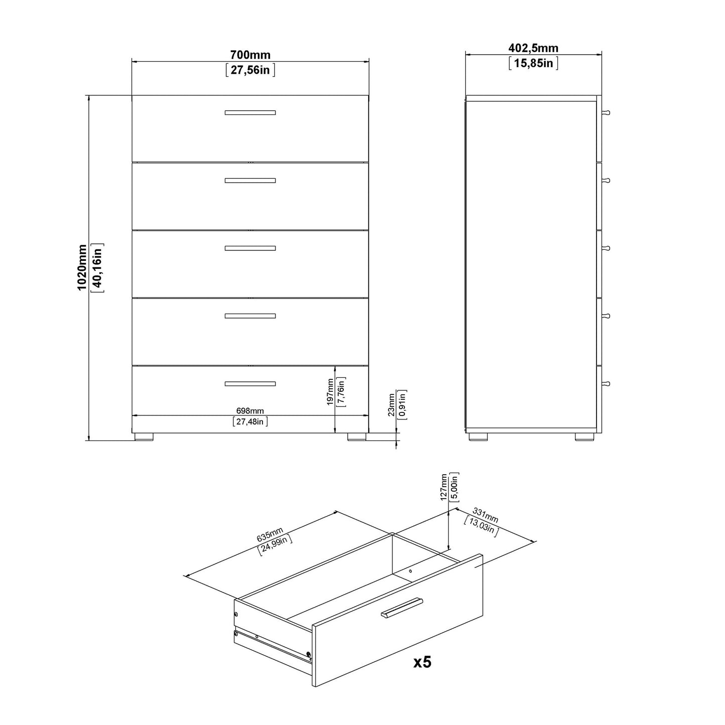 Daejeon White and Natural Oak Effect Wood Chest 5 Drawers