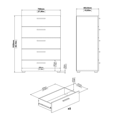 Daejeon White and Natural Oak Effect Wood Chest 5 Drawers