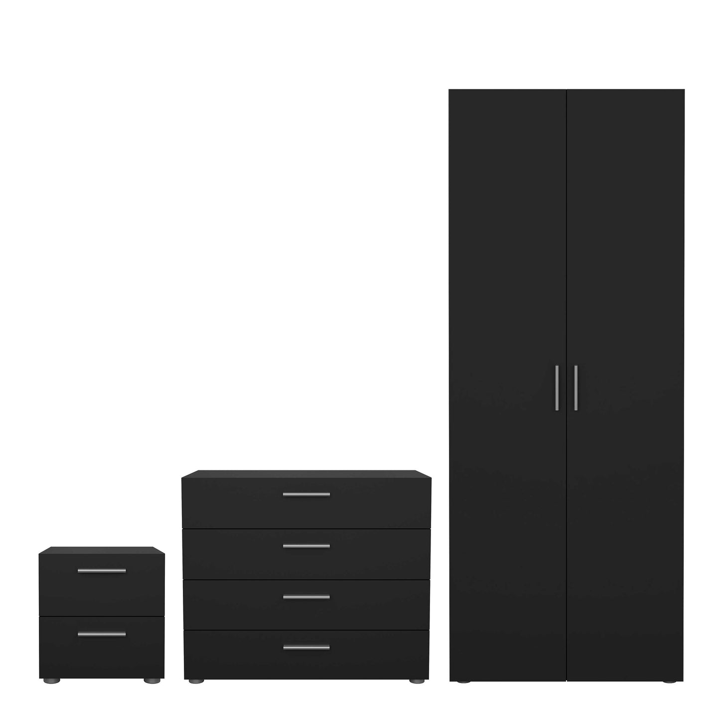 Wilde Black Bedroom Furniture Set - Bedside 2 Drawers + Chest of 4 Drawers + Wardrobe 2 Doors