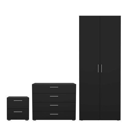 Wilde Black Bedroom Furniture Set - Bedside 2 Drawers + Chest of 4 Drawers + Wardrobe 2 Doors