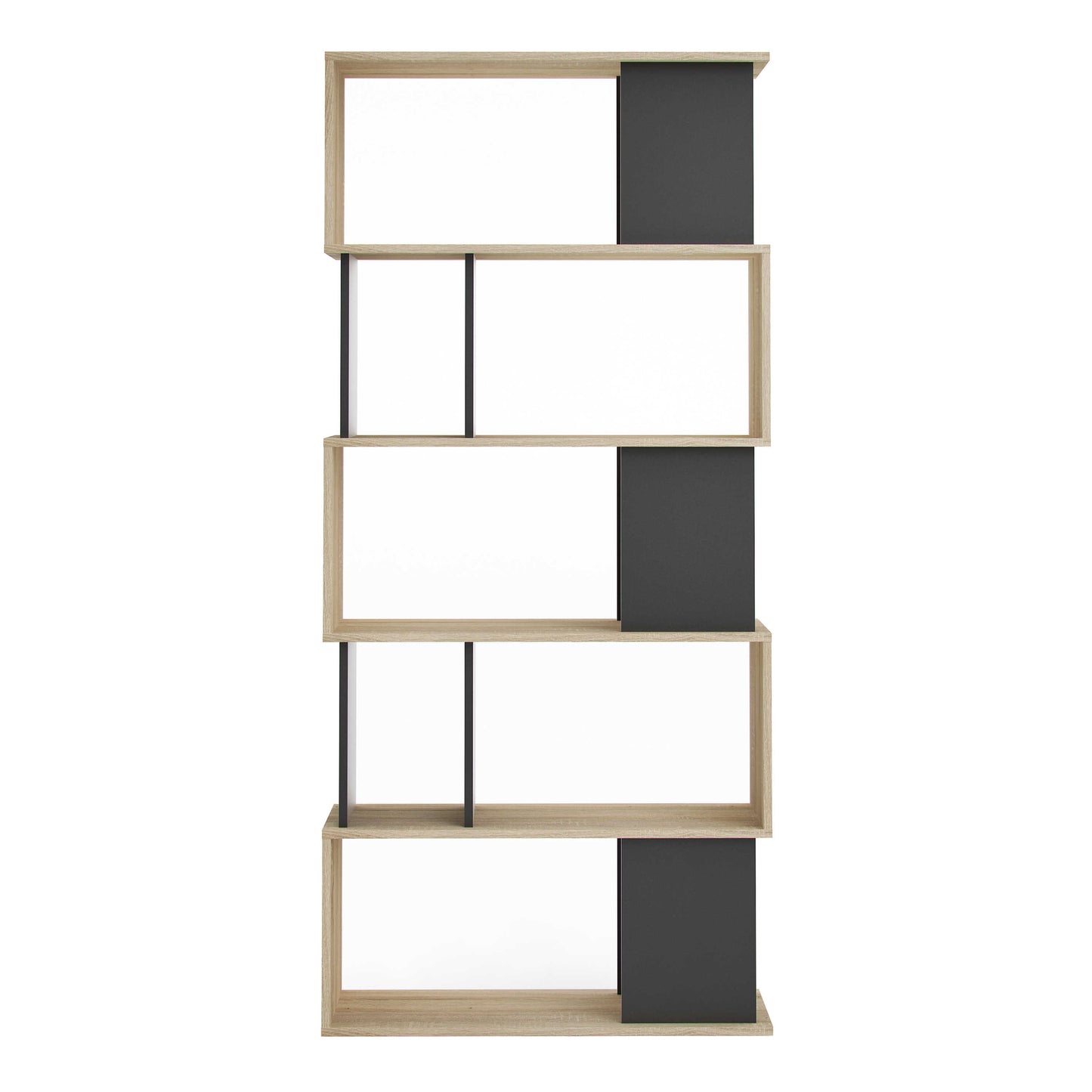 Taichung Natural Oak Effect and Black Asymmetrical Bookcase 5 Shelves