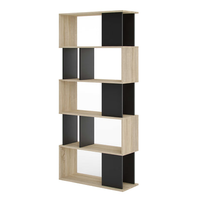 Taichung Natural Oak Effect and Black Asymmetrical Bookcase 5 Shelves