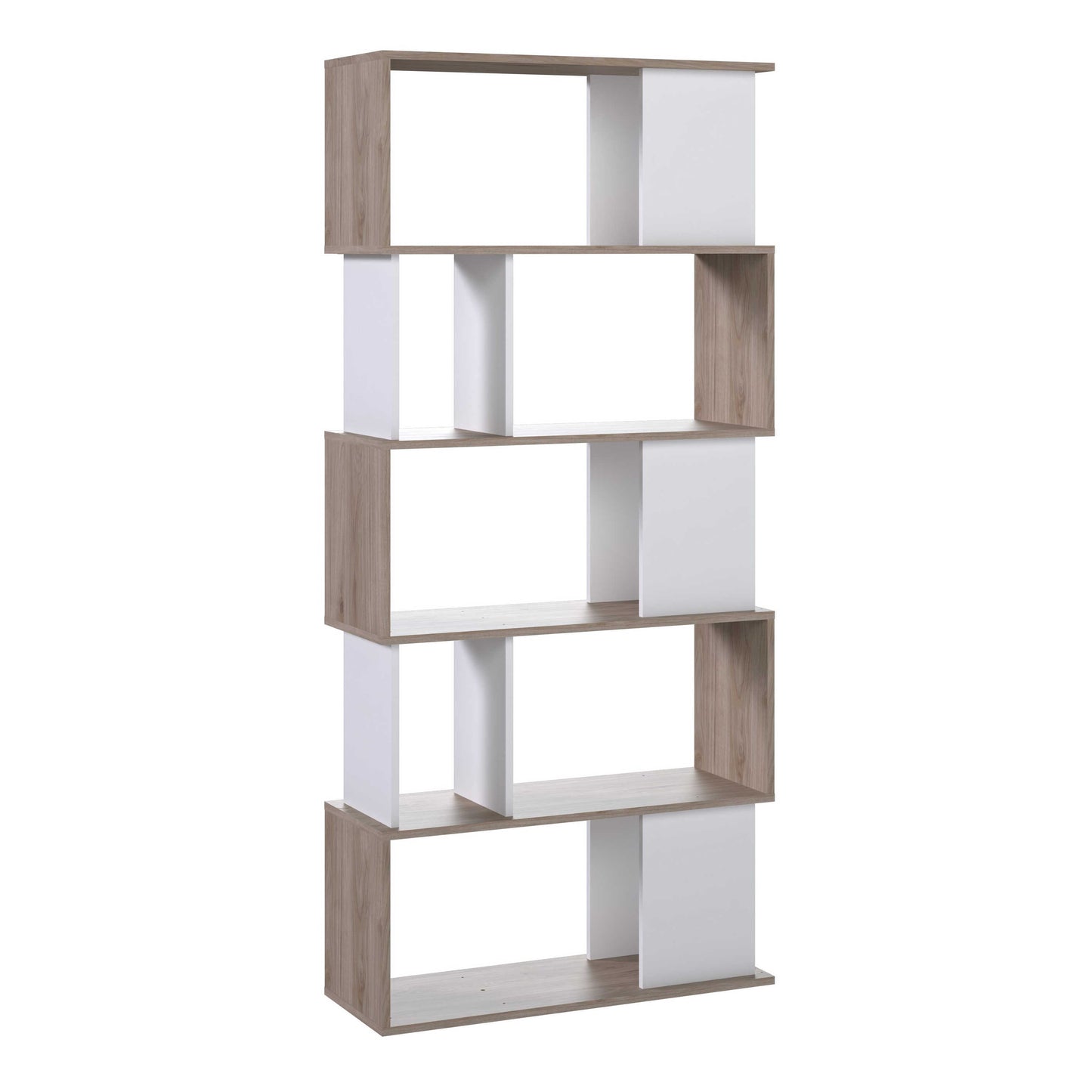 Taichung Hickory Wood Effect and White Asymmetrical Bookcase 5 Shelves