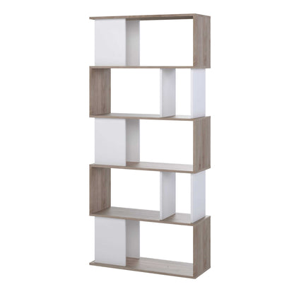 Taichung Hickory Wood Effect and White Asymmetrical Bookcase 5 Shelves