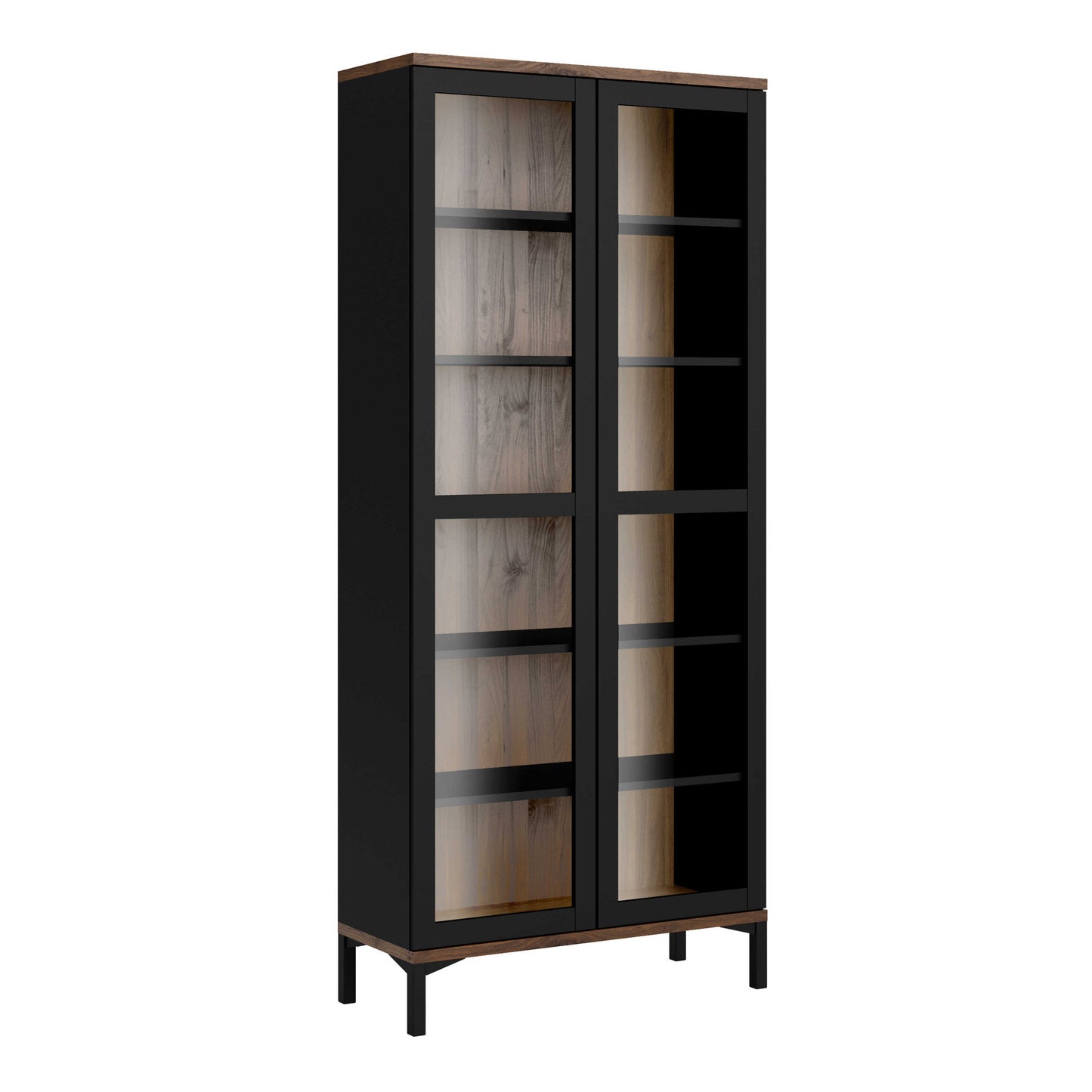 Indigo Large Display Cabinet 2 Doors Glazed Black and Walnut Effect Wood 5 Shelves