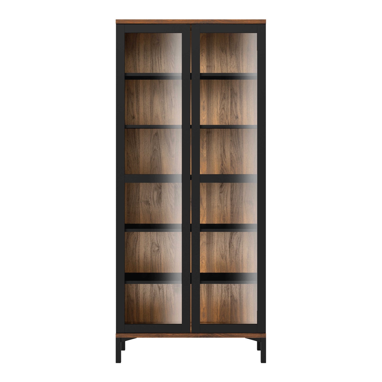 Indigo Large Display Cabinet 2 Doors Glazed Black and Walnut Effect Wood 5 Shelves