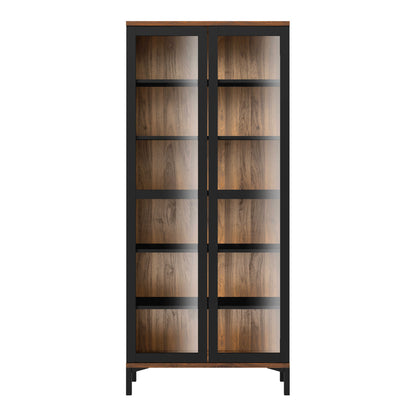 Indigo Large Display Cabinet 2 Doors Glazed Black and Walnut Effect Wood 5 Shelves