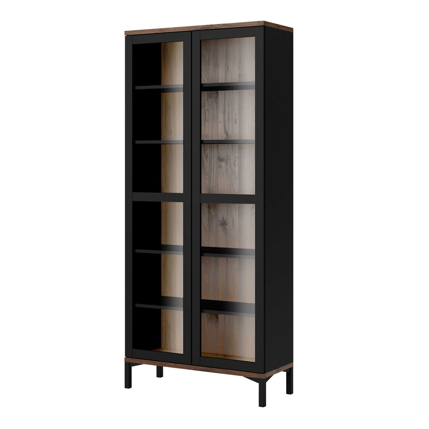 Indigo Large Display Cabinet 2 Doors Glazed Black and Walnut Effect Wood 5 Shelves