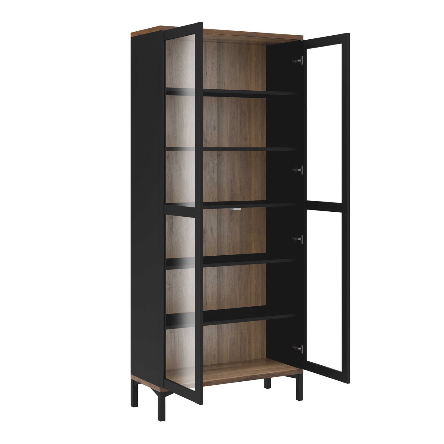 Indigo Large Display Cabinet 2 Doors Glazed Black and Walnut Effect Wood 5 Shelves