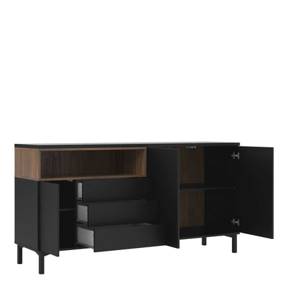 Indigo Sideboard 3 Drawers 3 Doors Black and Walnut Effect Wood