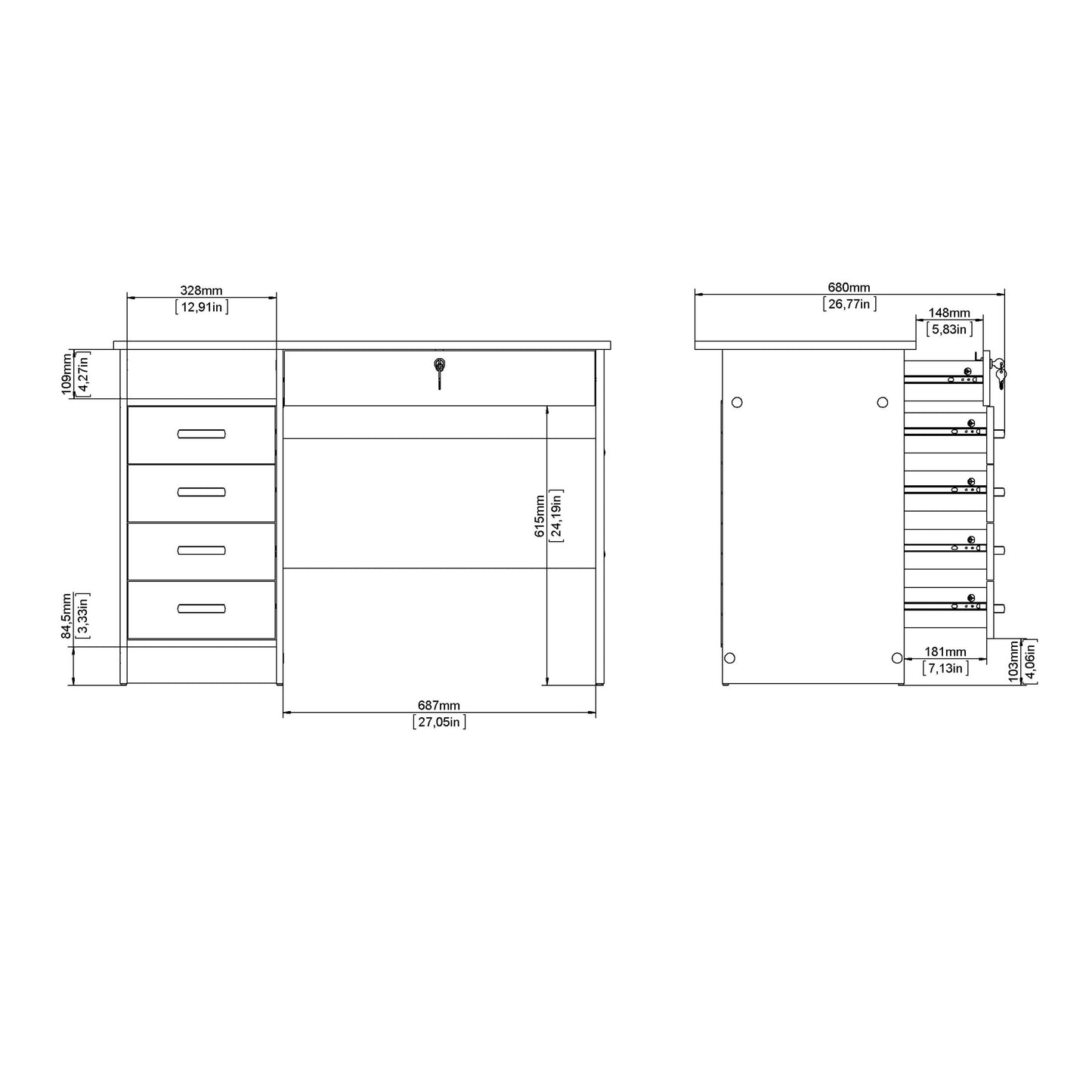 Billabong White Wooden Office Desk 5 Drawers
