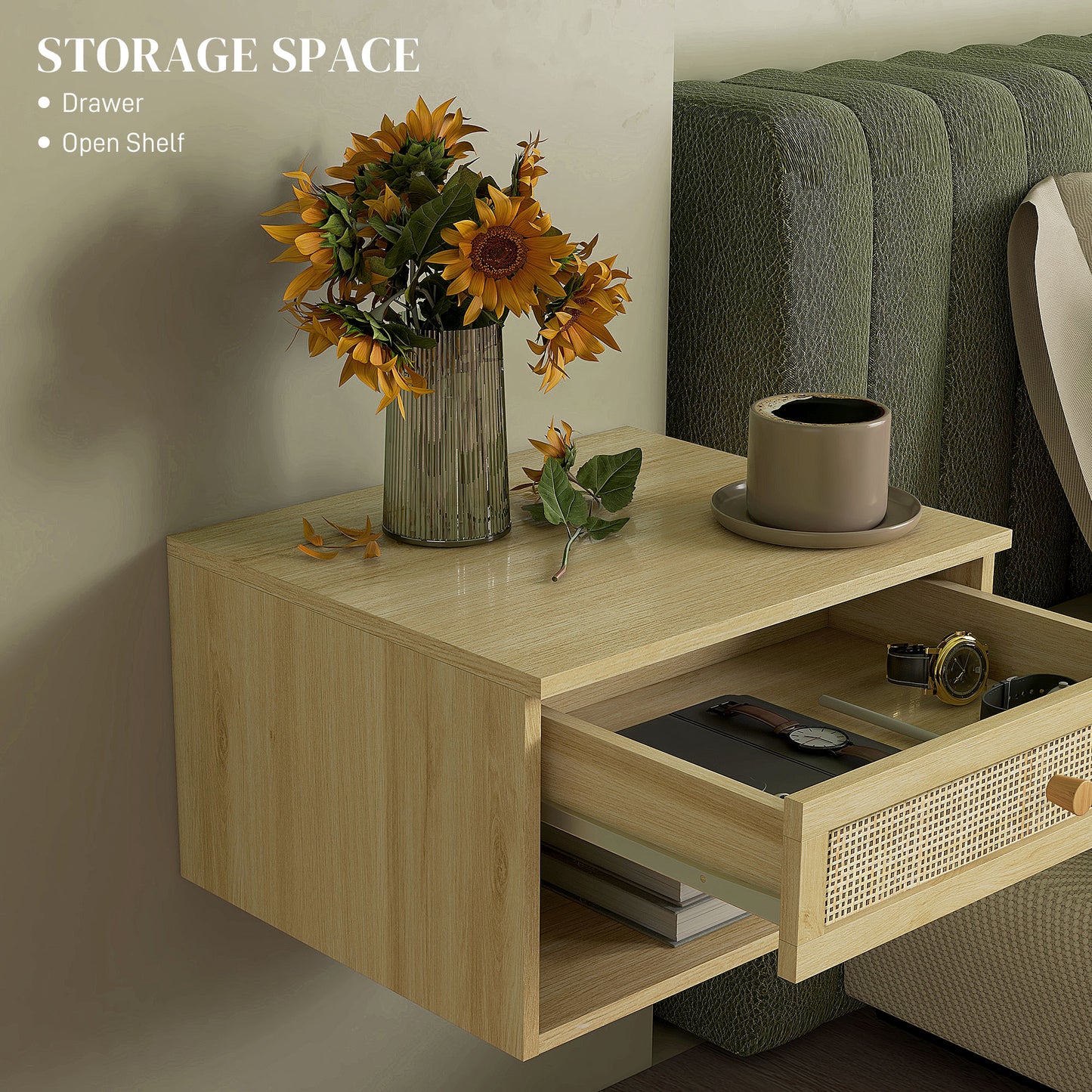 Tovelu Set Of 2 Wood Effect Floating Bedside Tables With Rattan Panels
