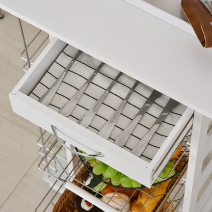 Tore Metal White Rolling Kitchen Cart With 4 Basket Drawers And Side Racks