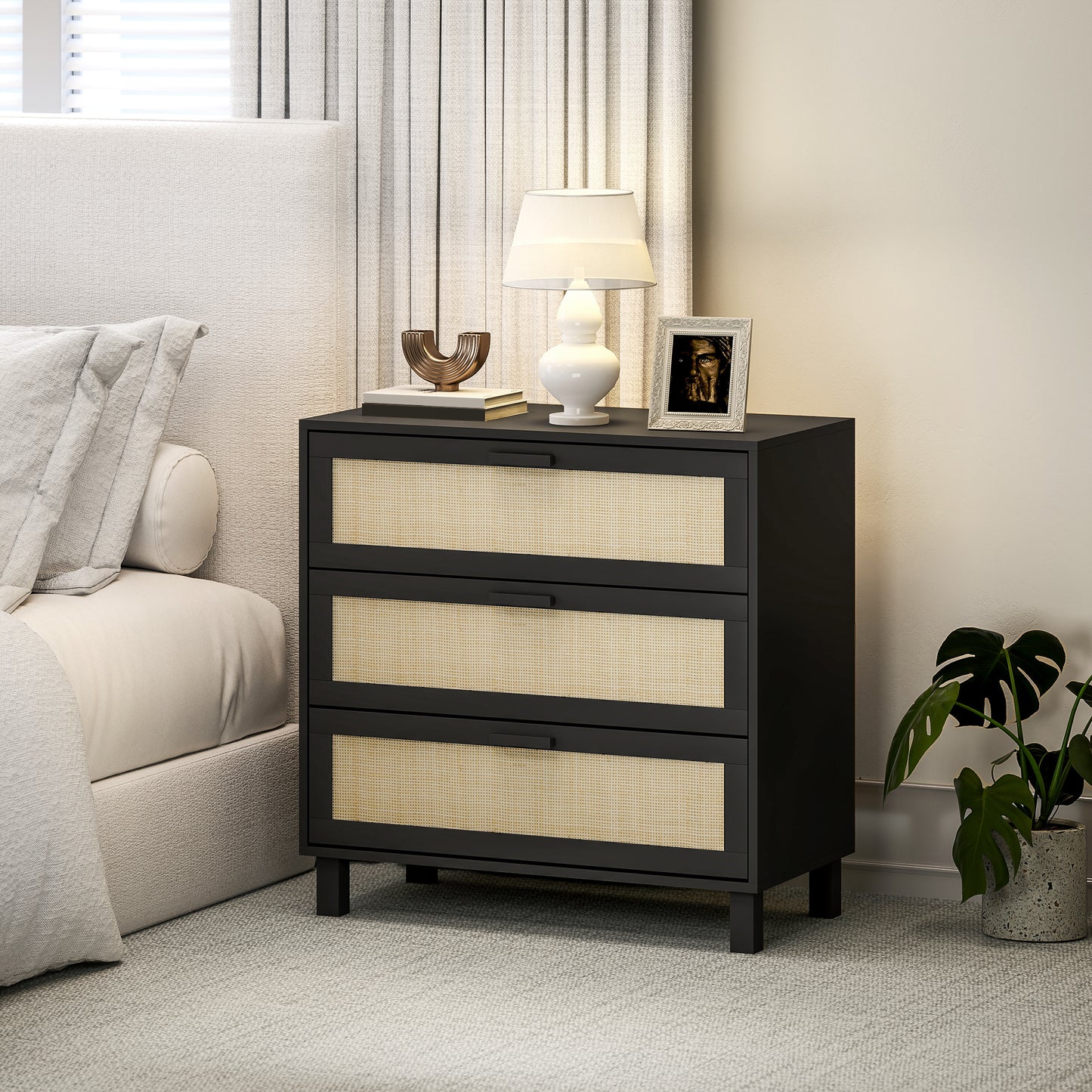 Yorami Wood And Rattan Black 3 Drawer Boho Storage Chest
