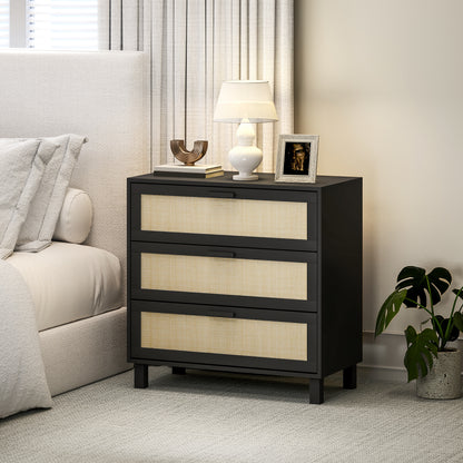Yorami Wood And Rattan Black 3 Drawer Boho Storage Chest
