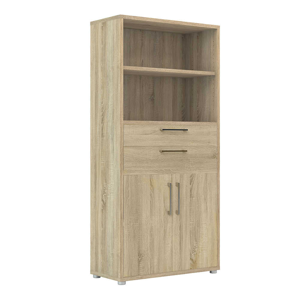 Dris Natural Oak Wood Effect Bookcase 2 Shelves 2 Drawers 2 Doors