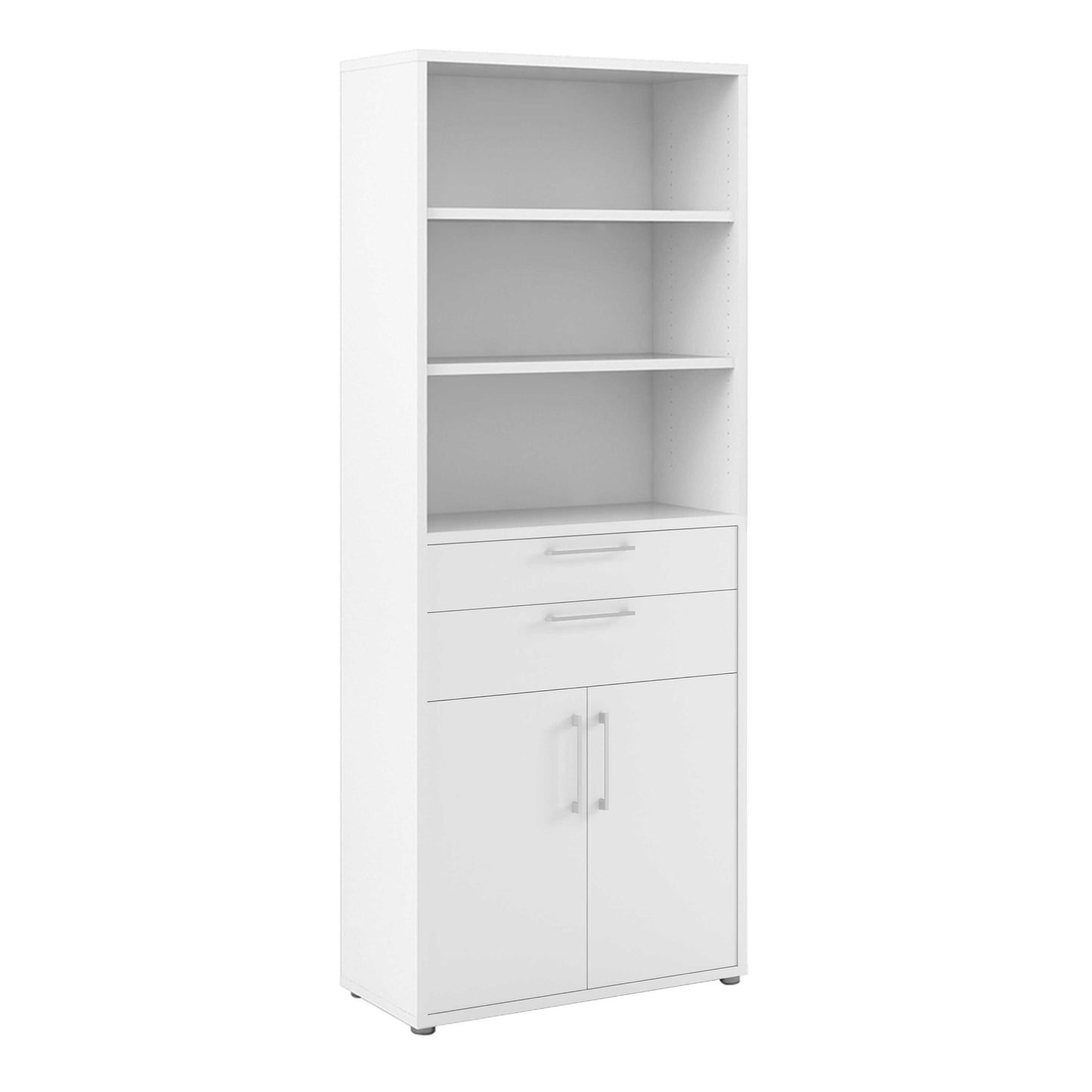 Dris White Wooden Bookcase 3 Shelves 2 Drawers 2 Doors