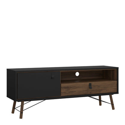 Juno Black and Walnut Wood TV Unit 1 Door 1 Drawer and Open Shelf