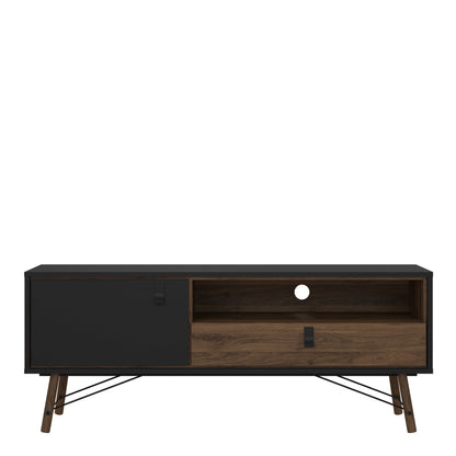 Juno Black and Walnut Wood TV Unit 1 Door 1 Drawer and Open Shelf