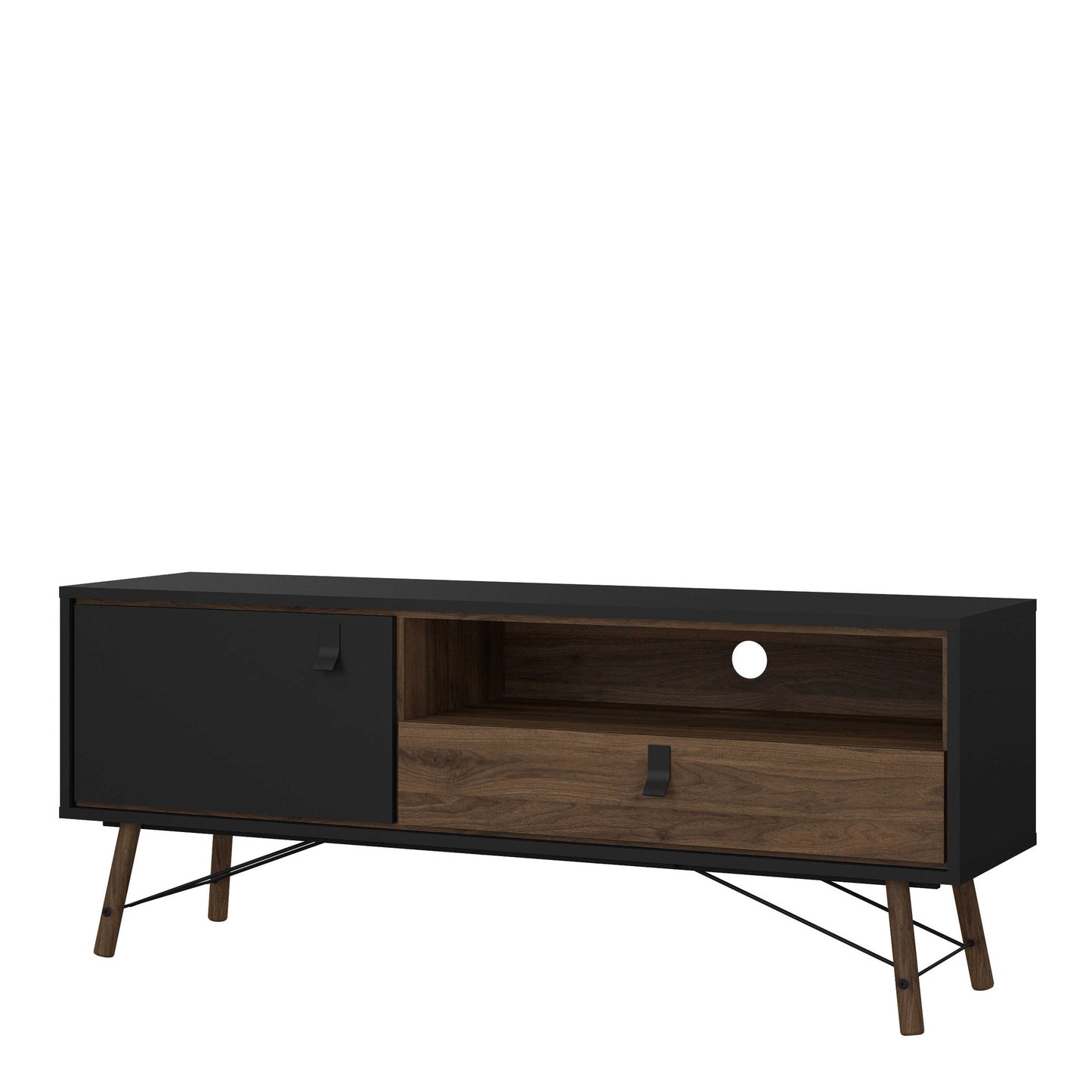 Juno Black and Walnut Wood TV Unit 1 Door 1 Drawer and Open Shelf