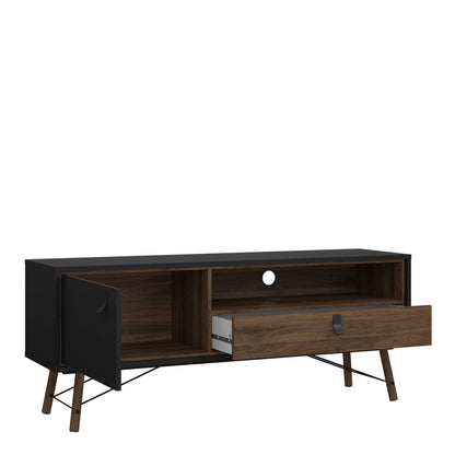 Juno Black and Walnut Wood TV Unit 1 Door 1 Drawer and Open Shelf