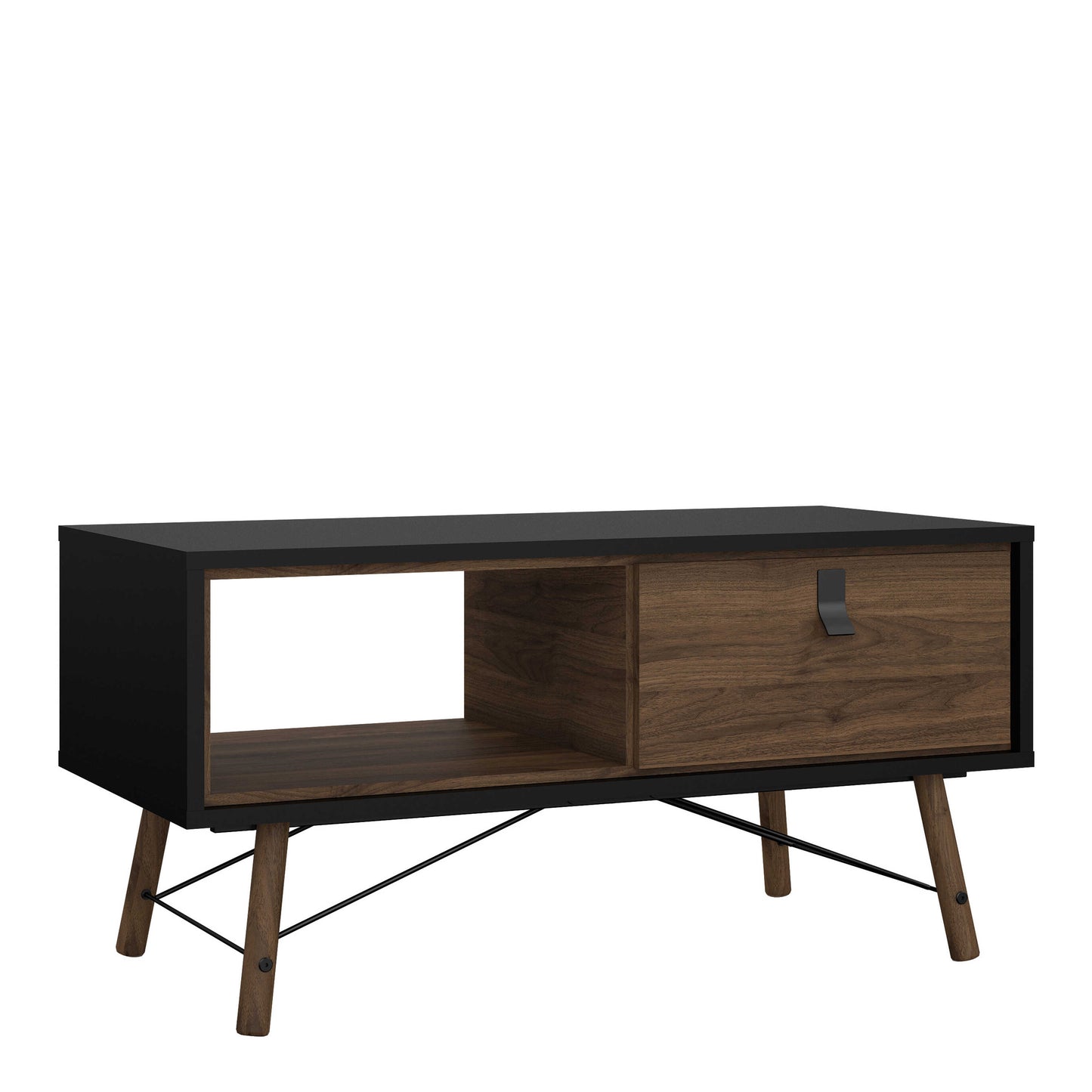 Juno Black and Walnut Wood Coffee Table 1 Drawer and Open Shelf
