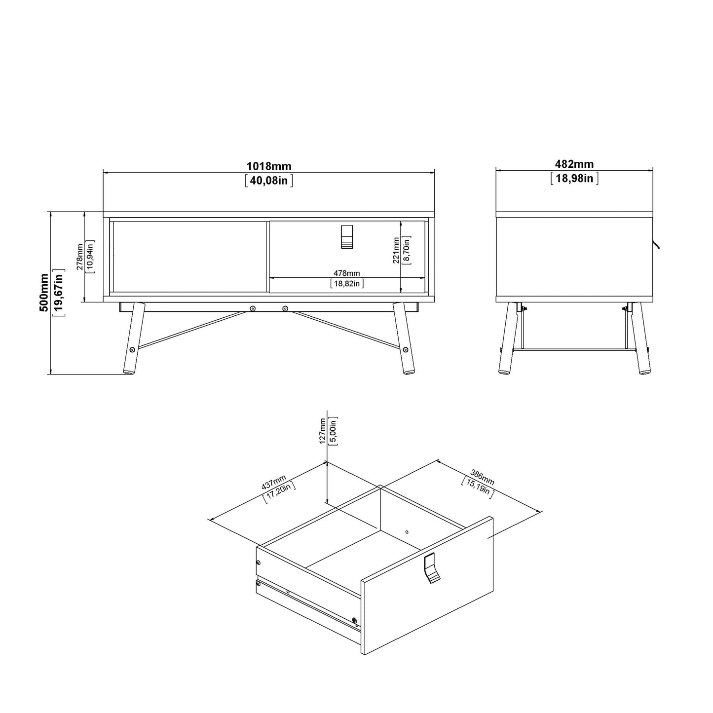 Juno Black and Walnut Wood Coffee Table 1 Drawer and Open Shelf