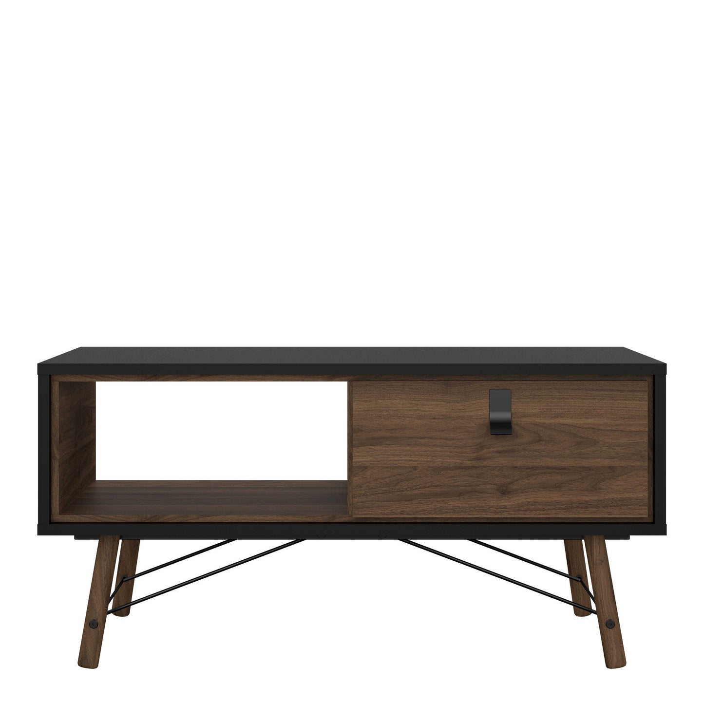 Juno Black and Walnut Wood Coffee Table 1 Drawer and Open Shelf