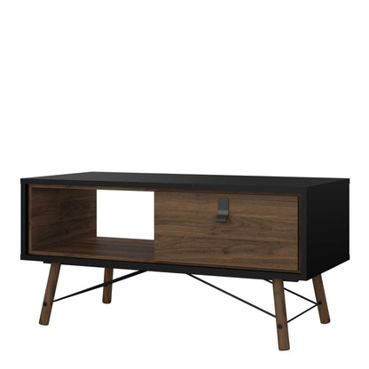 Juno Black and Walnut Wood Coffee Table 1 Drawer and Open Shelf
